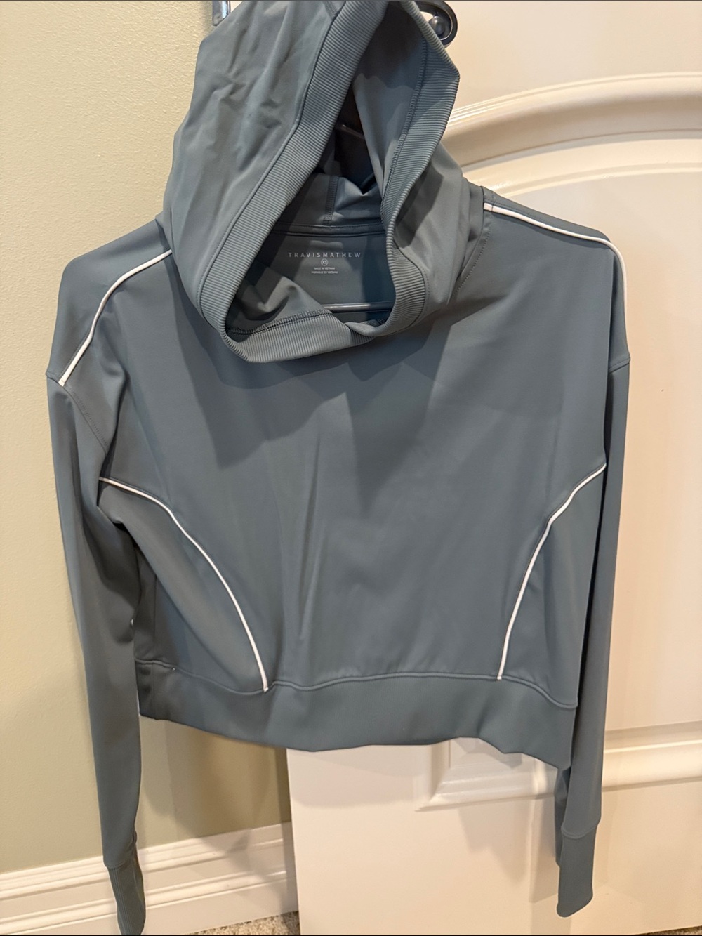 TravisMathew Slate Blue Hooded Pullover with White Piping